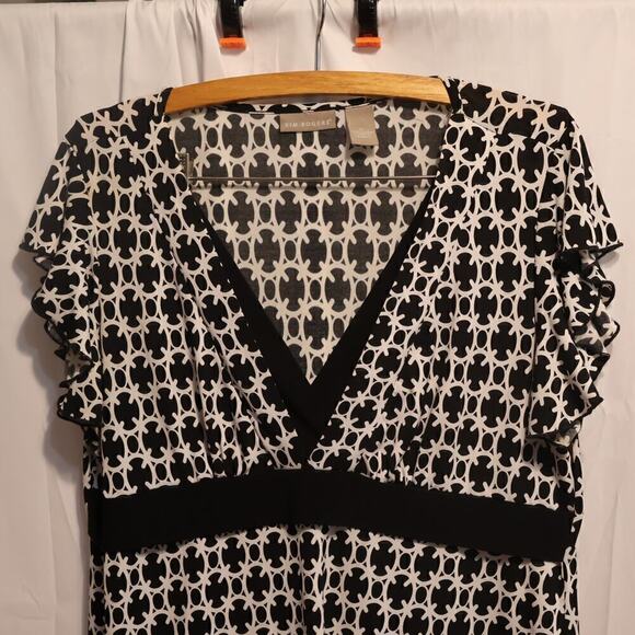 Karen Scott Top, V neck Crossover Bodice Flutter Sleeves High Waist Black Accent - Picture 9 of 16